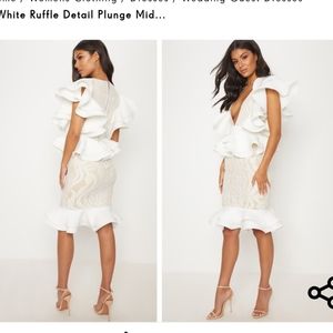 White Ruffle Detail Plunge Midi Dress